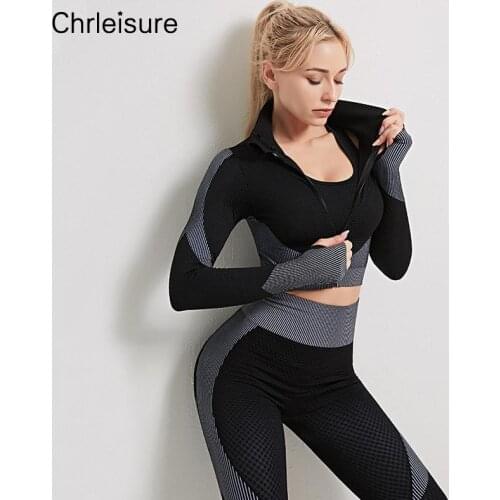 2 Piece Sets Womens Outfits Fitness Long Sleeve Tops Seamless High Waist Leggings Stripped Zipper Tracksuit Women