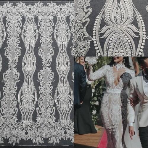 2021 New Beads Sequins Bride Lace Fabric Luxury Evening Dress French Lace off white RS3073