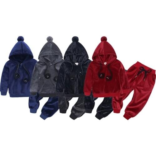 Unisex For Children Drawstring Cotton Boy Girl Sweatshirt Solid Hoodies Sportswear Clothing For Kids 2021 2pcs Sweatwear Sets