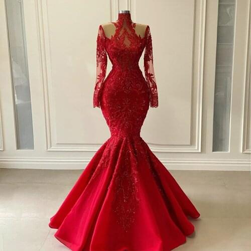 2020 Modern High Neck Long Sleeve Party Dress Mermaid Red Gown Evening Dress