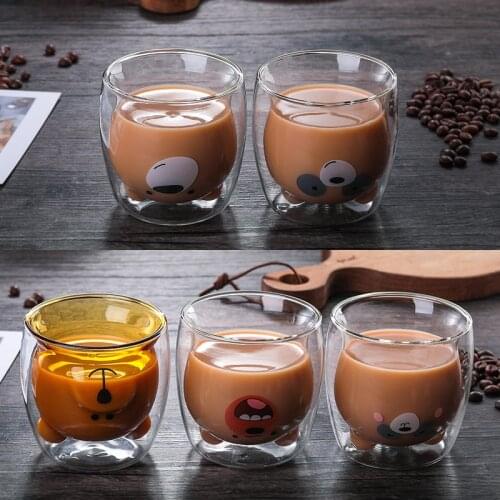 250ML Cute Bear Coffee Double Glass Cups Mug Shaped Double Transparent Glass Cup Milk Drink Couple Wall Cups Milk Cups Mug