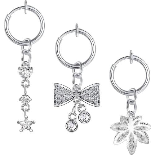 3Pcs Clip on Belly Button Rings Non Piercing Leaf Clover CZ Fake Belly Dangle Rings Fake Belly Button Rings Piercing Jewelry
