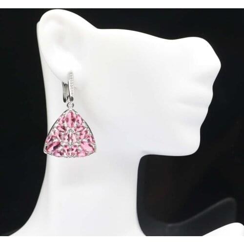38x23mm SheCrown Trangle Shape Created Pink Tourmaline White CZ Womans Wedding Silver Earrings