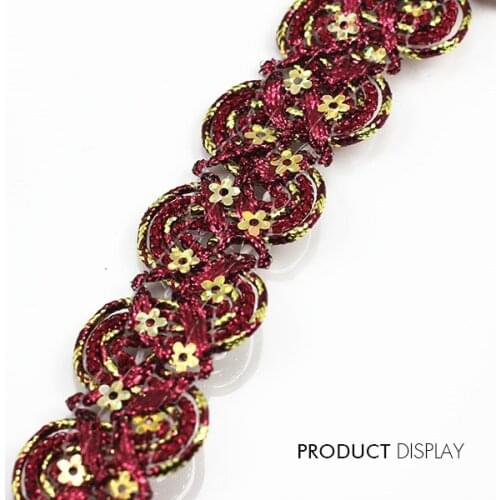 Glitter Gold Beaded Sequin Red Fabric Braided Applique Decorated Lace Ribbon Trim Sewing Supplies for Craft Cloth 20yard/T780