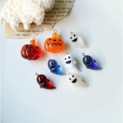 Diy jewelry making 30pcs/lot color print 3D cute cartoon pumpkin ghost shape resin beads charms fit earring/garment accessory