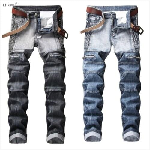 EH·MD® Zipper Pocket Mens Jeans Wave Decorative Denim Trousers Fashionable Blue And Gray Stitching Slim Stretch Different Color