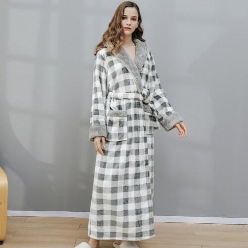 Thick New Couple Plaid Hooded Flannel Robe Bathrobe Lovers Long Sleeve Warm Homewear Sleeprobe Women And Men Daily Nightwear
