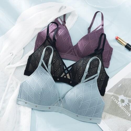 Wasteheart Women Fashion Purple Blue Sexy Lingerie Wireless Bra Sets Lace Cut Out Cotton Panties Briefs Women Underwear Lovely