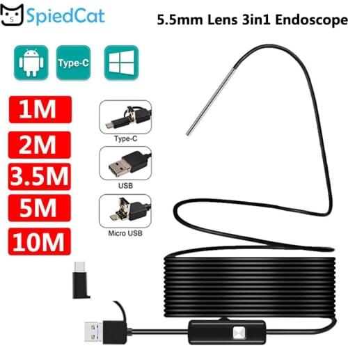 3 in1 Mini 5.5mm Lens Endoscope Camera 1/2/3.5/5/10M Soft Cable Snake Tube Borescope Inspection For Android Type-c PC smartphone