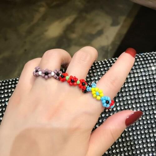 Fashion Bohemian Seed Bead Small Flowers Finger Ring Trendy Korean Handmade Multi-Color Rice Beads Ring Women Girl Jewelry