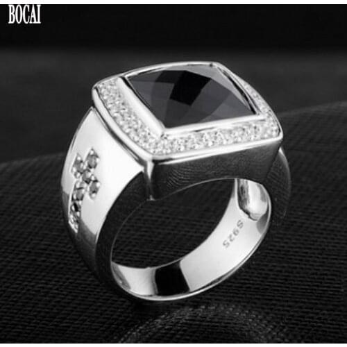 Natural black agate ring for men s925 silver fashion jewelry personality single index finger ring domineering cross man rings
