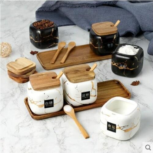 4-piece setNordic style matte marble ceramic seasoning jar oil and salt jar home seasoning box kitchen seasoning bottle caps