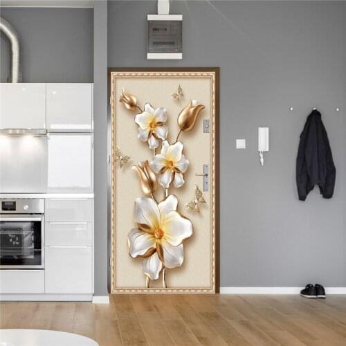 White Gold Flower Sticker For Door 3D Visual Effection Wallpaper Home Removable DIY Decor Office Cafe Living Room Poster Decal