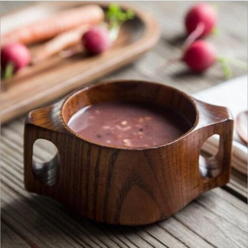 Natural Chinese Jujube Wooden Bowl For Baby kid Wood Rice Soup Bowl With 2 Handle Tableware