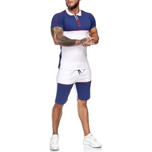 New European and American Summer Hot Men Sports Suit Short-Sleeved Color Splicing Matching Outdoor Fitness Leisure