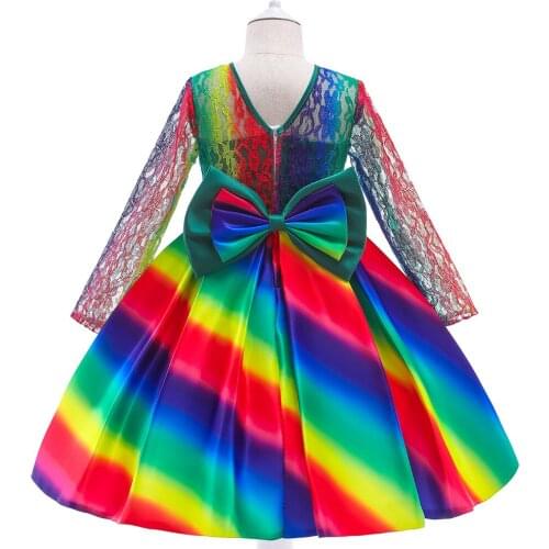New Rainbow Princess Dress For Girls Long Sleeve Lace Evening Party Gown Children Wedding Bridesmaid Costume Performance Dress