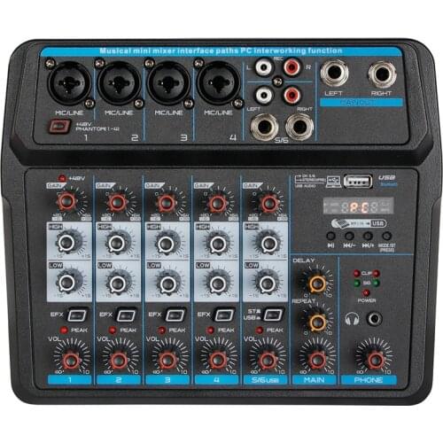 M-6 Portable Mini Mixer Audio DJ Console with Sound Card, USB, 48V Phantom Power for PC Recording Singing Webcast Party(US Plug)
