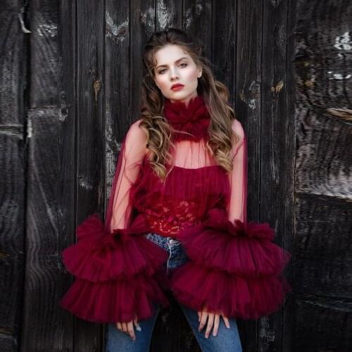 Chic Tulle Tops With Puffy Long Sleeve High Neck Fluffy Women 2020 Sexy Burgundy Tulle Blouse See Through Party Women Top