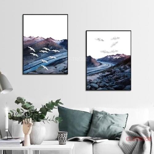 Nordic Minimalist Mountain And River Bird Landscape Painting Modern Home Decoration Wall Art Canvas Pictures For Living Room