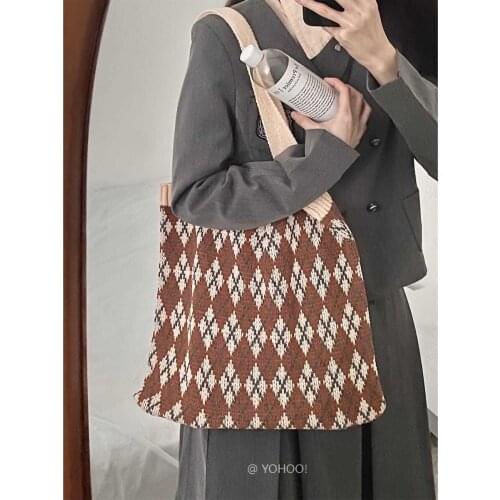 Retro American Hit Color Rhombus Ladies Handbag Knitted Wool Simple Shoulder Bag Large-capacity Woven Shopping Bag Women