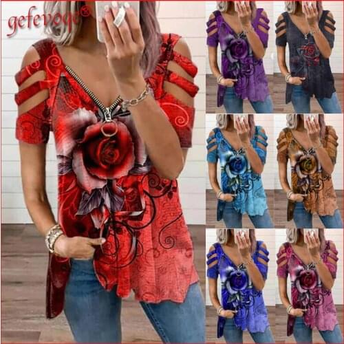 2021 Trendy Summer Plus Size Women Clothing Sexy Off Shoulder V Neck Floral Print Casual Harajuku Tunic Tees T-shirt Ladies Tops