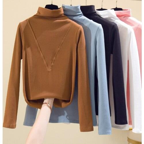 Gkfnmt Long Sleeve Thick T Shirt Women Winter Tops Turtleneck Warm T-Shirt Korean Cotton Tshirt Woman Tee Shirt Femme Pink Blue