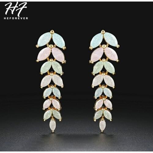 Ice Flower Stone Spring Leaf Shaped Drop Earrings For Women BAZAAR Style Yellow Gold Color Party Gift Fashion Jewelry E067