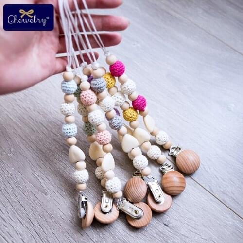 1pc Baby Pacifier Clip Chain Baby Wooden Teether Crochet Bead Beech Wooden Beads Rodent Nipple Holder For Kids Products Toy