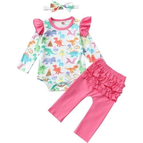 Pudcoco 0-24M 3Pcs Baby Girls Dinosaur Print Long Sleeve Casual O-Neck Cute Bodysuit Tops+Pink Ruffles Pants+Headwear Sets