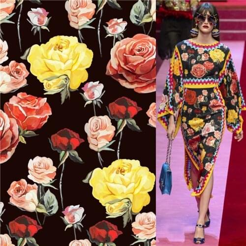 Polyester satin dress fabric rose pattern digital printing customized skirt printed cloth thin patchwork 134