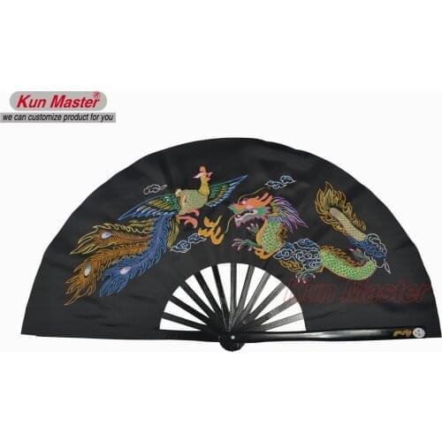 Bamboo Kung Fu Fighting Fan, Martial Arts Practice Performance Fan,Wu Shu Fan, Dragon And Phoenix (black)