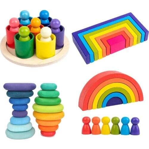 Baby Toys Wooden Rainbow Blocks Toys Nordic Wooden Blocks Rainbow Stacker Building Blocks Montessori Educational Toy Children