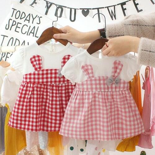 Children Dress 2020 Spring Summer New Infant Baby Dress Plaid Cute Ears Baby Girls Short-sleeved Dress Girls Dress 0-3 Years Old