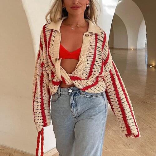 Knitted Long Sleeve Cardigan Women Red Stripe Jumper Loose Y2K Autumn Winter Fashion Casual Sweater Top V Neck Oversized sweater