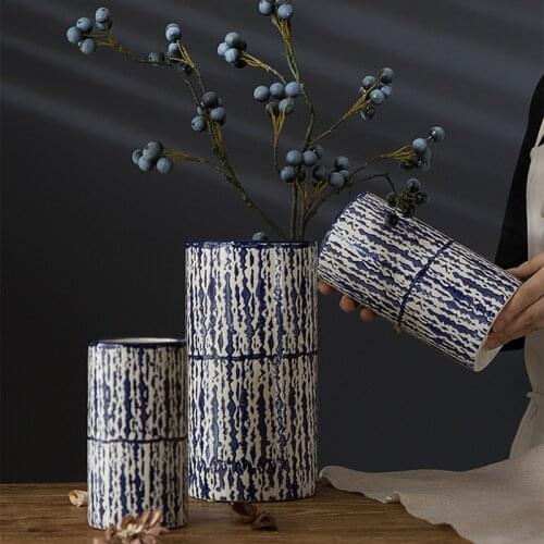Ceramic Retro Blue Vase Decoration Desktop Flower Arrangement Living Room Bedroom Homestay Retro Floral Home Decoration Wedding