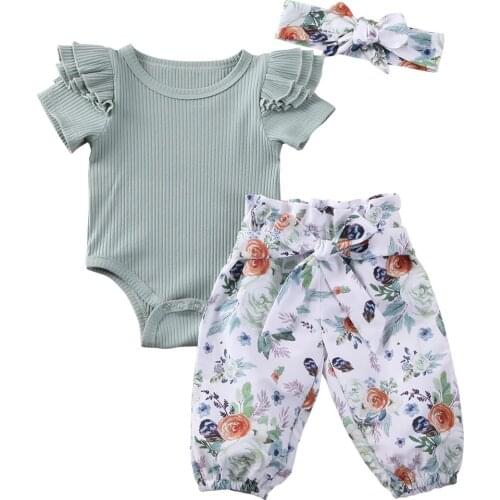 3PCS Infant Toddler Baby Girl Clothes Ruffle Romper Bodysuit Floral Halen Pants Headband Outfits