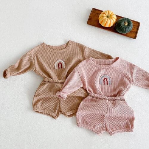 Autumn Spring Infant Baby Boys Girls Clothes Suit Rainbow Embroidered T-Shirt+Shorts Toddler Baby Girls Boys Cotton Clothing Set