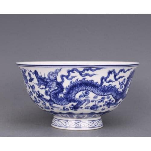 Old China qianlong mark Blue and white interlock branch dragon Phoenix bowl 4.7"
