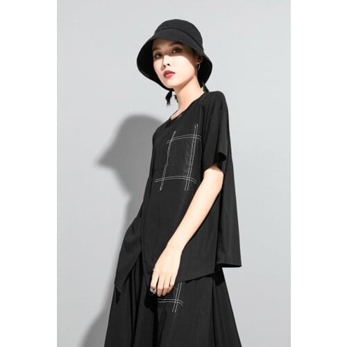 Foreign Trade Street asymmetric fashion short sleeve T-shirt 2021 summer personalized splicing loose and thin line decorative to