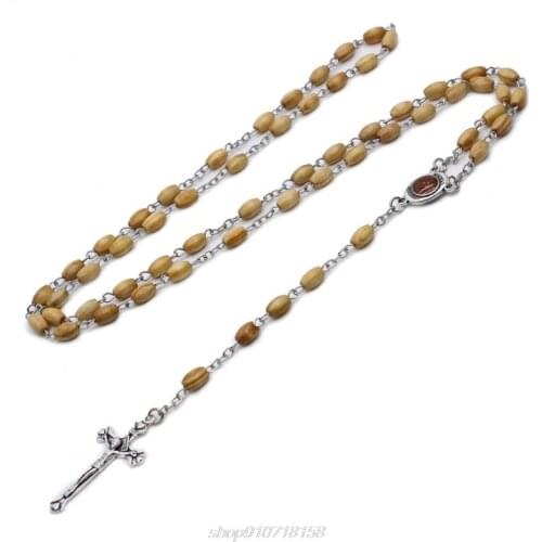 Fashion Handmade Round Bead Catholic Rosary Cross Religious Wood Beads Men Necklace Charm Gift J26 21 Dropshipping