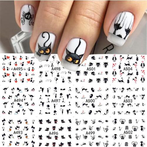 12 Designs in 1 Cute Cat Pattern Watermark Designs Nail Art Stickers Water Transfer Decals Beauty Nails For Decoration LA493-504