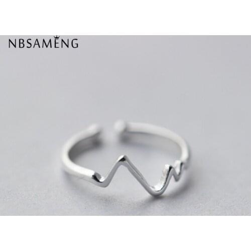 NBSAMENG 100% 925 Sterling Silvr Heart Beat Electrocardiogram Rings Opening Adjustable Bead For Women Wave Ring Gift Jewelry