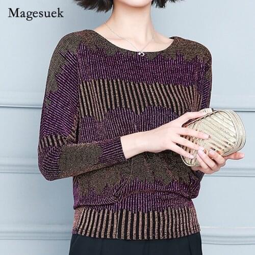 2021 Fashion New Tunic Red Golden Shine Women Shirts Elegant Knitted Blouse Plus Size Glitter Tops Women Clothing Blusas 15772