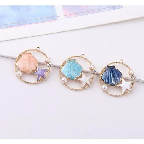 Wholesale 30pcs/Lot 25*26MM Kawaii Enamel Alloy Jewelry Charms Gold Tone Glitter Oil Drop Sea Shell Stars Floating Pendant Charm