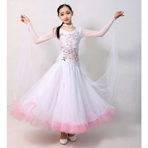 Children White Ballroom Dance Dresses Elegant Long Sleeve Waltz Competition Dancing Skirt Girls Standard Classical Dance Dress