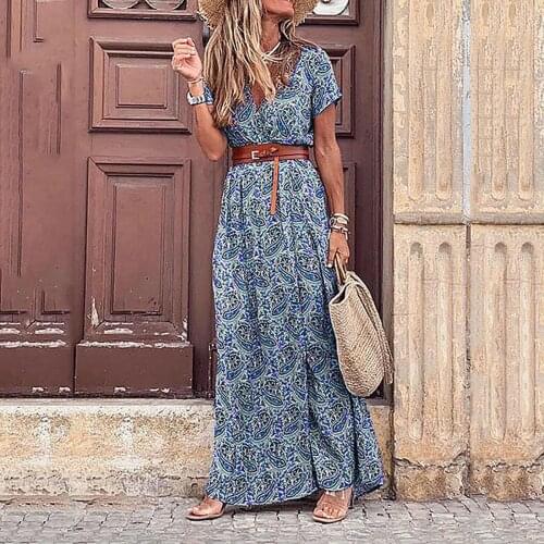 Long Dresses With Sashes Womens Vintage Flora Printed Plus Size Dress V-neck New Waist Holiday Summer Dress Платья Женские