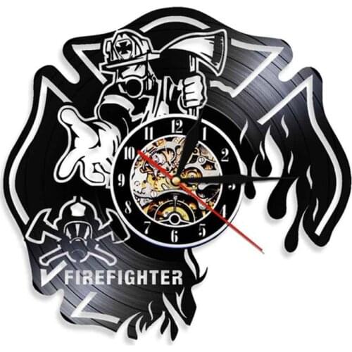 Firemen Helmet Fire Rescue Vinyl Record Wall Clock Firefighter Clock Fire Dept Wall Decor Wall Clock Burned Maltese Cross Clock