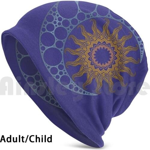 Mandala Sun And Moon ( Version 2 ) Beanies Knit Hat Hip Hop Sun Moon Celestial Sky Night Blue Silver Gold Bronze