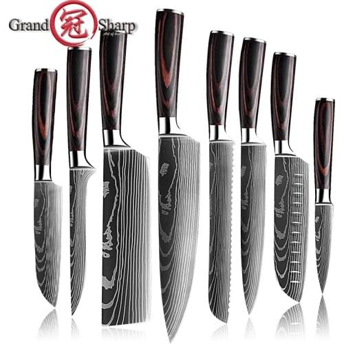 Grandsharp Chef Knife High Carbon Kitchen Knives Laser Damascus Pattern Japanese Santoku Knife Cleaver Slicing Utility Knife