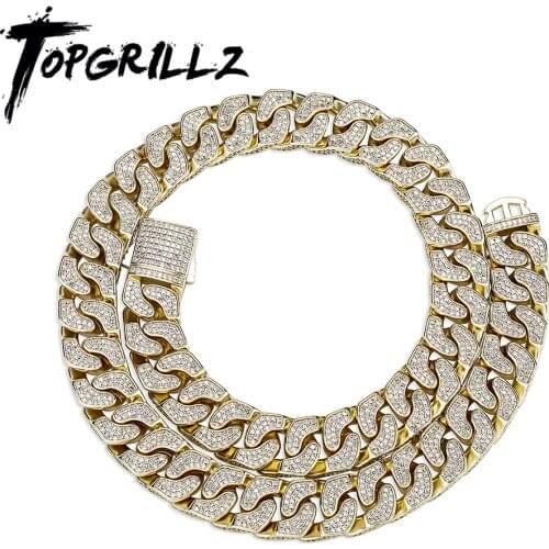 TOPGRILLZ 14mm Cuban Link Chain Necklace Iced Out Cubic Zirconia Men Hip Hop Iced Out Bling Chain Necklace Hip Hop Set Jewelry